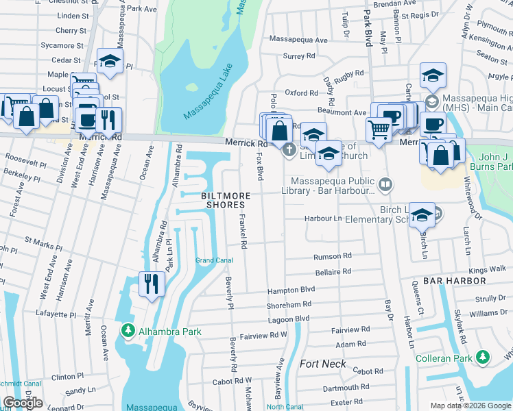 map of restaurants, bars, coffee shops, grocery stores, and more near 45 Fox Boulevard in Massapequa