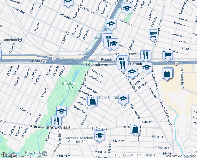 map of restaurants, bars, coffee shops, grocery stores, and more near 241-05 142nd Avenue in Queens