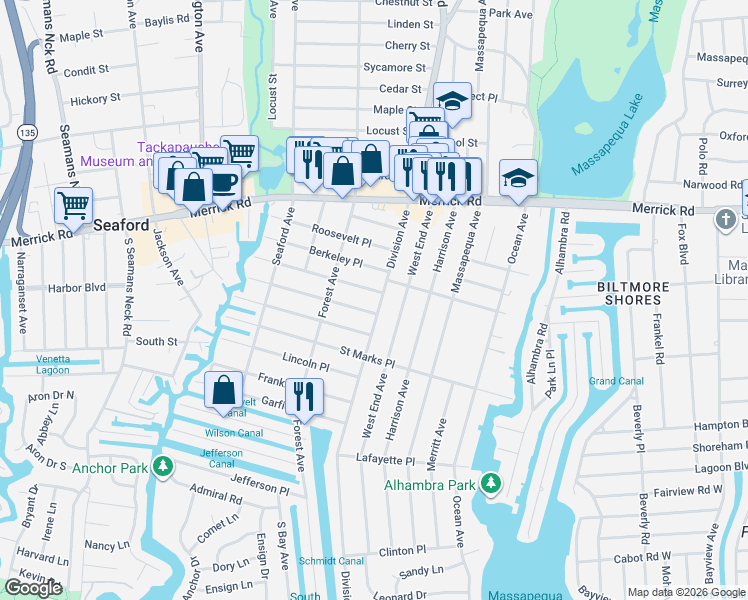 map of restaurants, bars, coffee shops, grocery stores, and more near 64 McKinley Place in Massapequa