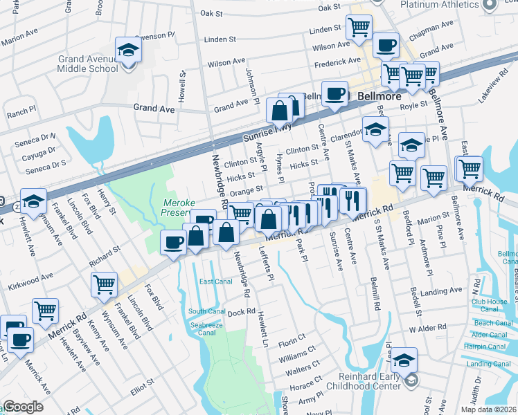 map of restaurants, bars, coffee shops, grocery stores, and more near 607 Nassau Street in Bellmore