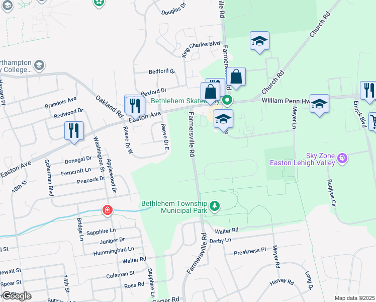 map of restaurants, bars, coffee shops, grocery stores, and more near 3213 Farmersville Road in Bethlehem