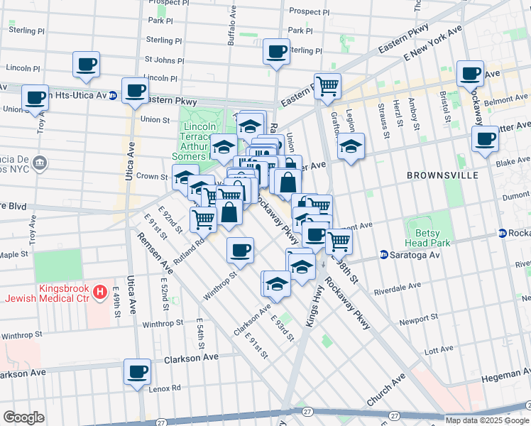 map of restaurants, bars, coffee shops, grocery stores, and more near 118 Rockaway Parkway in Brooklyn