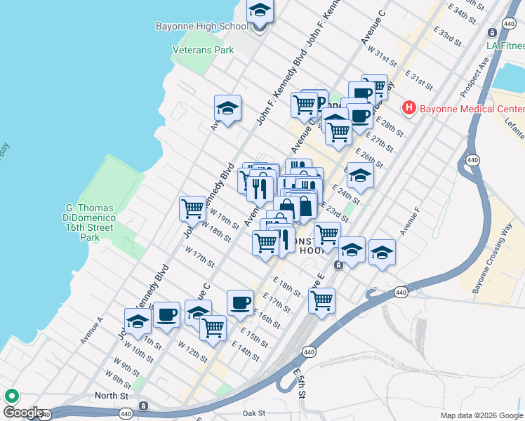 map of restaurants, bars, coffee shops, grocery stores, and more near 39-41 East 21st Street in Bayonne
