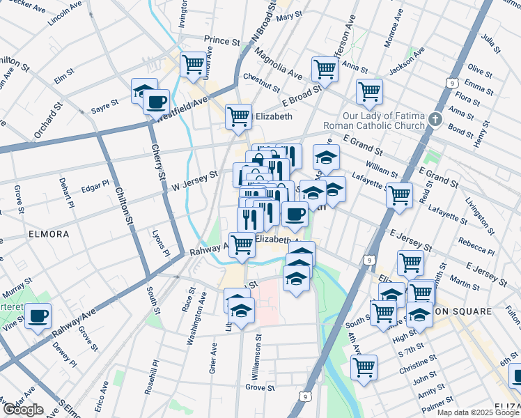 map of restaurants, bars, coffee shops, grocery stores, and more near 47 Broad Street in Elizabeth