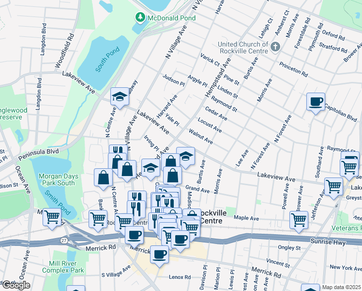 map of restaurants, bars, coffee shops, grocery stores, and more near 180 Lakeview Avenue in Rockville Centre