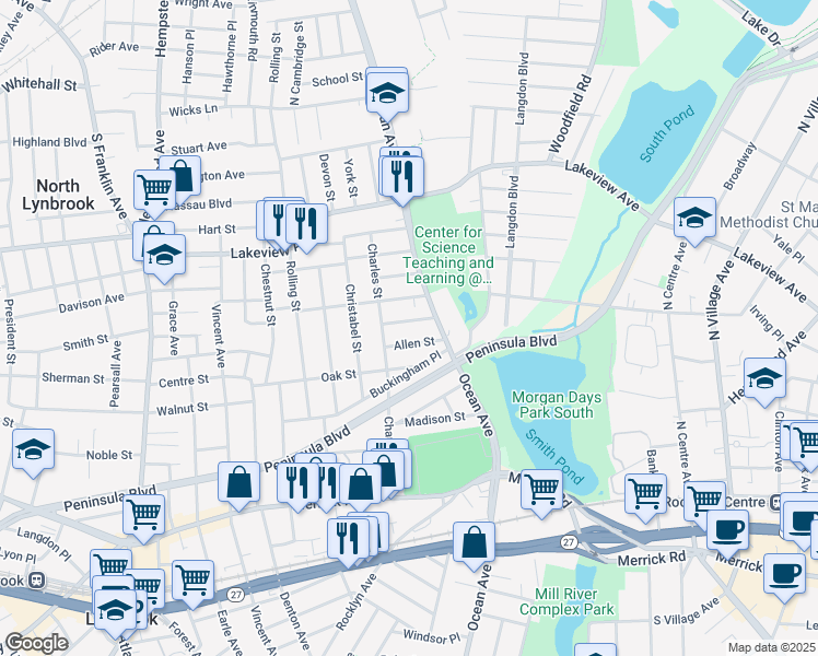map of restaurants, bars, coffee shops, grocery stores, and more near 28 Waterview Place in Lynbrook