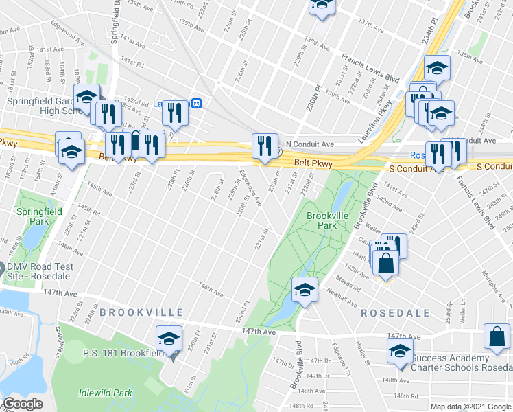 map of restaurants, bars, coffee shops, grocery stores, and more near 230-22 Edgewood Avenue in Queens