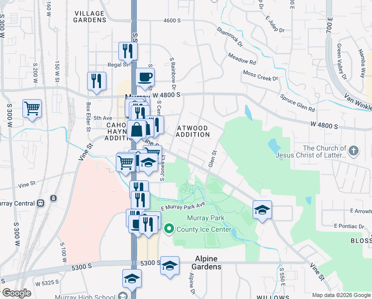 map of restaurants, bars, coffee shops, grocery stores, and more near 4978 Atwood Boulevard in Murray