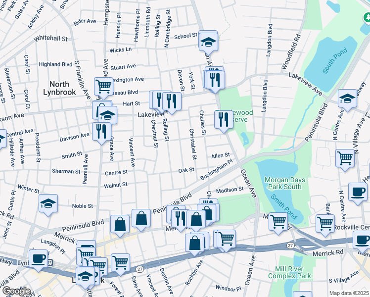 map of restaurants, bars, coffee shops, grocery stores, and more near 84 Edmund Street in Lynbrook