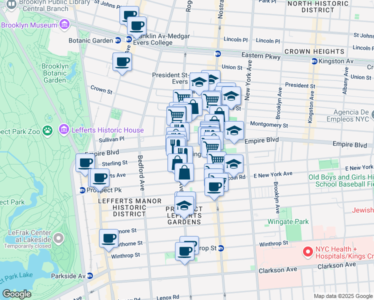 map of restaurants, bars, coffee shops, grocery stores, and more near 270 Empire Boulevard in Brooklyn