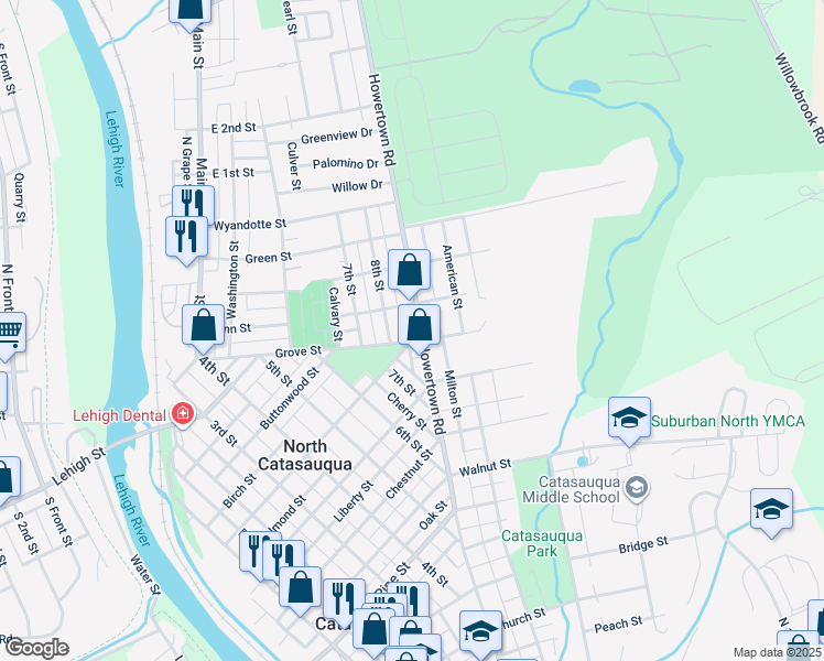 map of restaurants, bars, coffee shops, grocery stores, and more near 1110 Howertown Rd in Catasauqua
