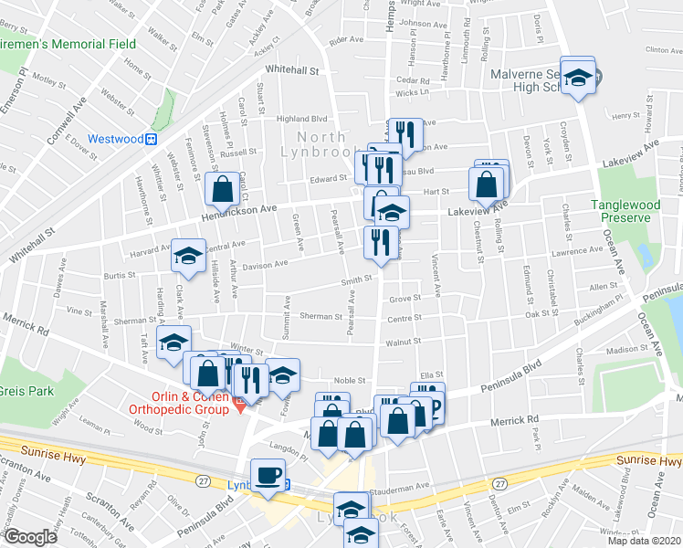 map of restaurants, bars, coffee shops, grocery stores, and more near 65 Pearsall Avenue in Lynbrook