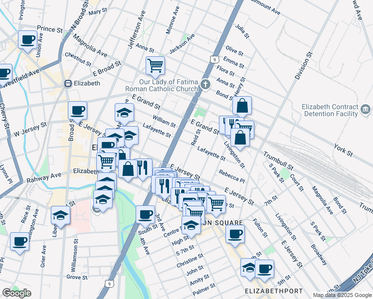 map of restaurants, bars, coffee shops, grocery stores, and more near 138 Reid Street in Elizabeth