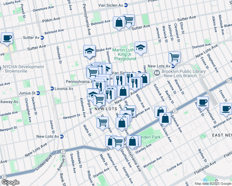 map of restaurants, bars, coffee shops, grocery stores, and more near 650 Riverdale Avenue in Brooklyn