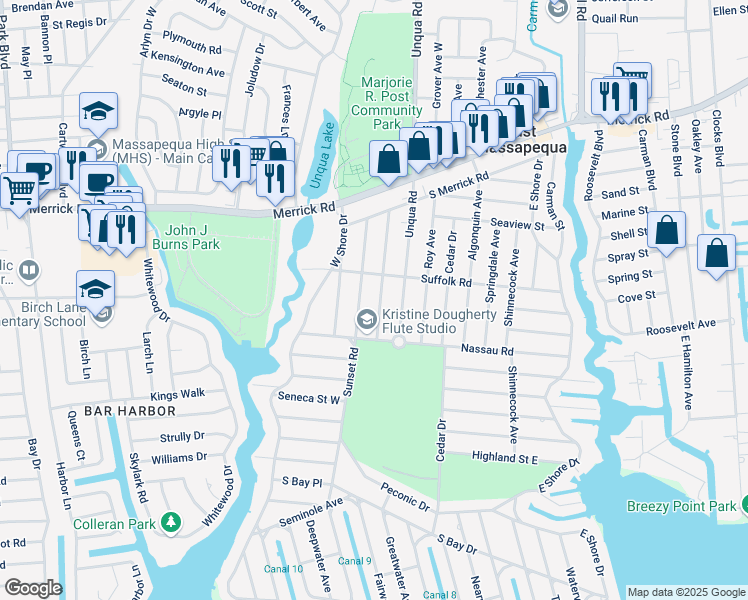 map of restaurants, bars, coffee shops, grocery stores, and more near 51 Hollywood Avenue in Massapequa