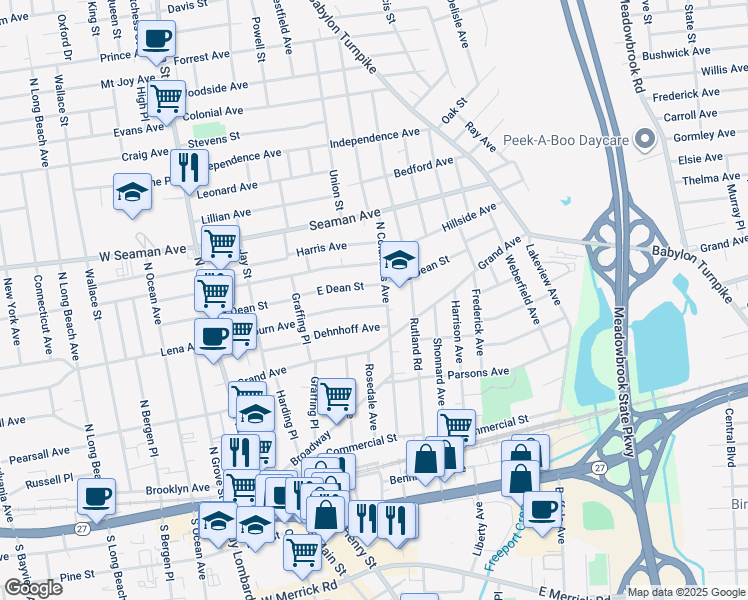 map of restaurants, bars, coffee shops, grocery stores, and more near 145 Washburn Avenue in Freeport
