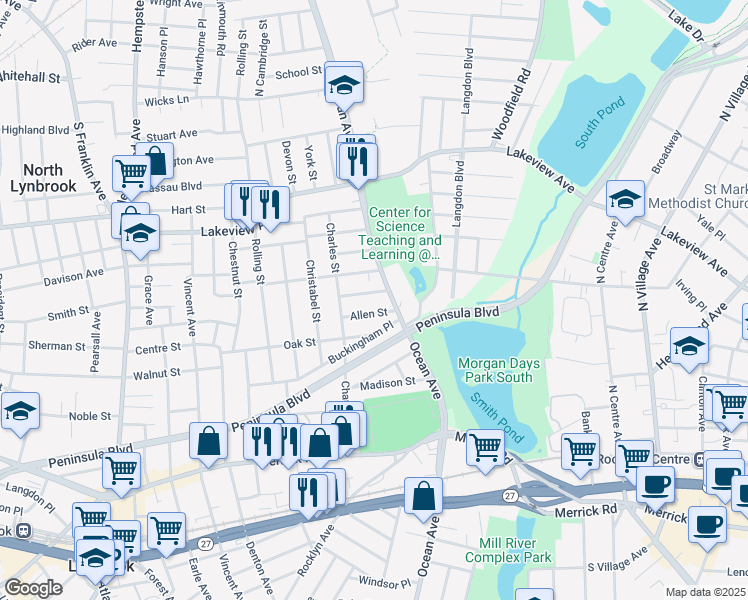 map of restaurants, bars, coffee shops, grocery stores, and more near 28 Waterview Place in Lynbrook