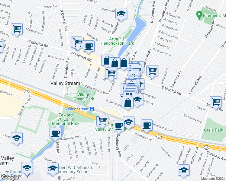 map of restaurants, bars, coffee shops, grocery stores, and more near 43 West Mineola Avenue in Valley Stream