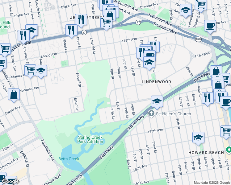 map of restaurants, bars, coffee shops, grocery stores, and more near 15511 78th Street in Queens