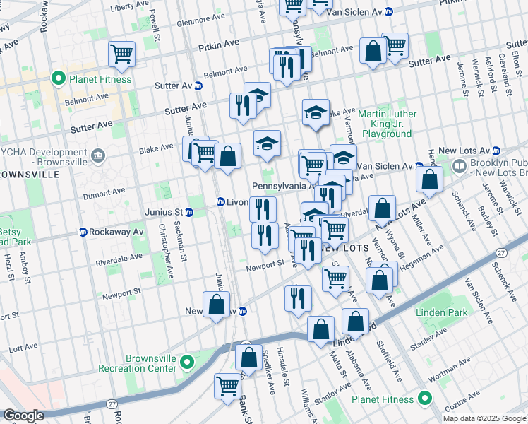 map of restaurants, bars, coffee shops, grocery stores, and more near 503 Williams Avenue in Brooklyn