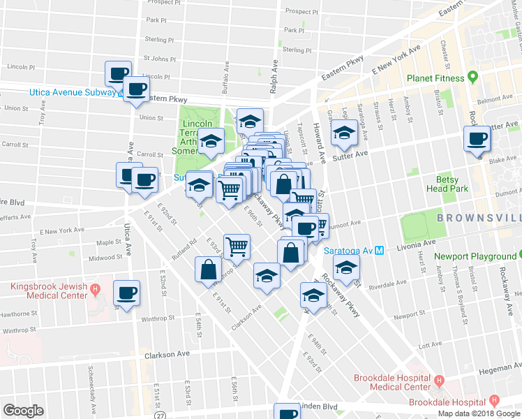 map of restaurants, bars, coffee shops, grocery stores, and more near 118 Rockaway Parkway in Brooklyn