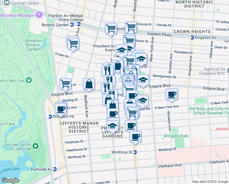 map of restaurants, bars, coffee shops, grocery stores, and more near 270 Empire Boulevard in Brooklyn