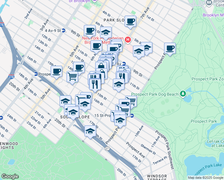 map of restaurants, bars, coffee shops, grocery stores, and more near 445 13th Street in Brooklyn
