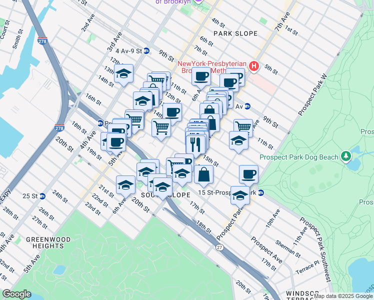 map of restaurants, bars, coffee shops, grocery stores, and more near 305 16th Street in Brooklyn