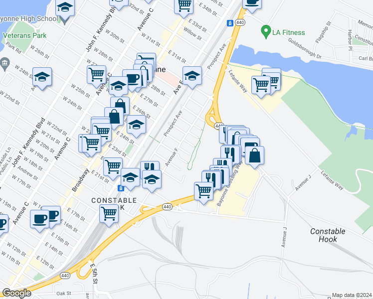 map of restaurants, bars, coffee shops, grocery stores, and more near New Street in Bayonne