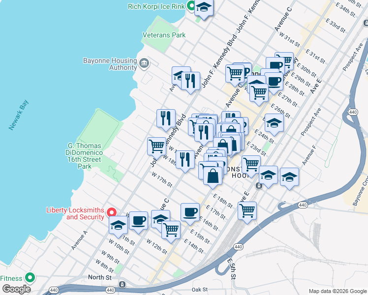 map of restaurants, bars, coffee shops, grocery stores, and more near 87 West 19th Street in Bayonne