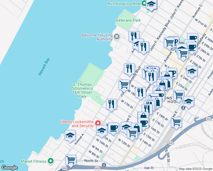 map of restaurants, bars, coffee shops, grocery stores, and more near 166 West 17th Street in Bayonne