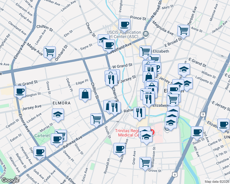 map of restaurants, bars, coffee shops, grocery stores, and more near 58 Cherry Street in Elizabeth