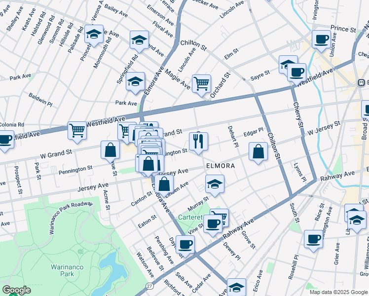 map of restaurants, bars, coffee shops, grocery stores, and more near 435 West End Avenue in Elizabeth