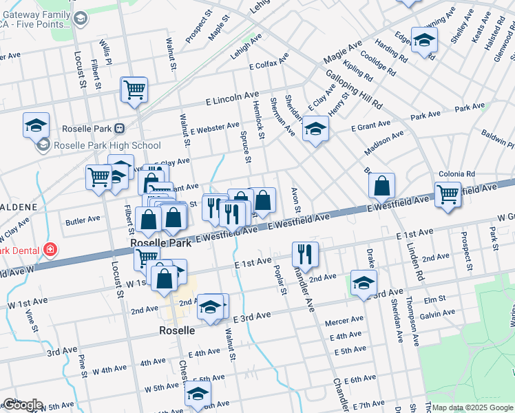 map of restaurants, bars, coffee shops, grocery stores, and more near 126 Camden Street in Roselle Park