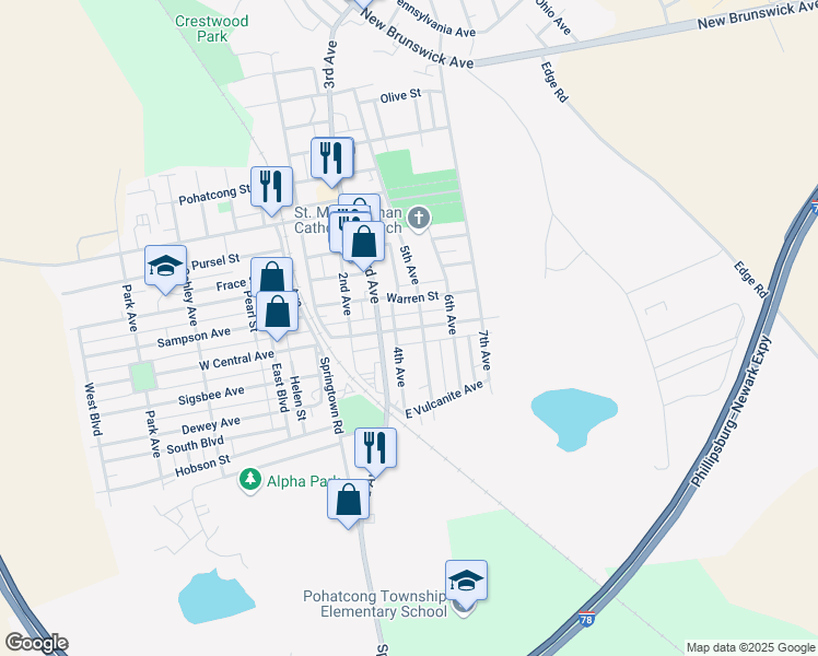 map of restaurants, bars, coffee shops, grocery stores, and more near 501 East Central Avenue in Phillipsburg