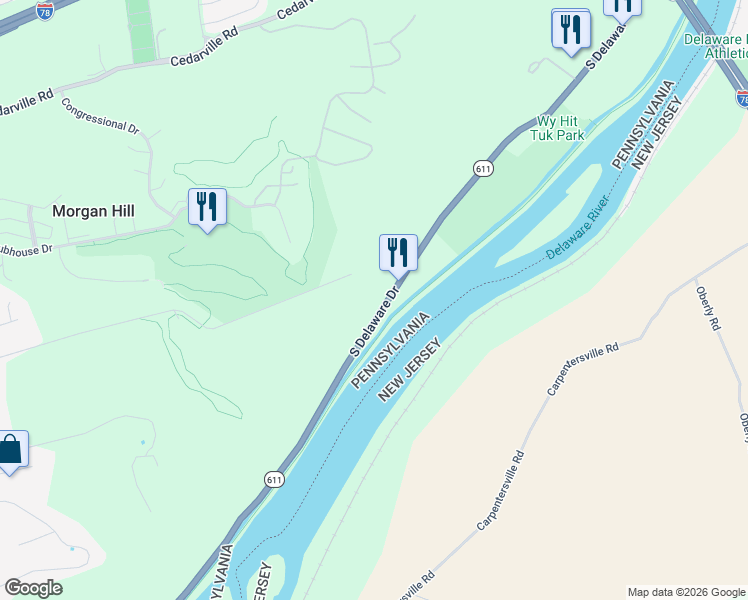 map of restaurants, bars, coffee shops, grocery stores, and more near 875 South Delaware Drive in Northampton County