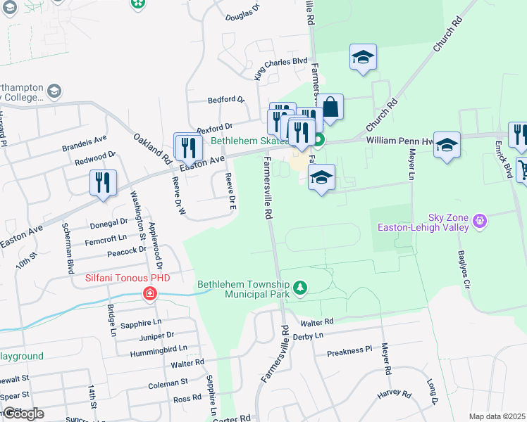 map of restaurants, bars, coffee shops, grocery stores, and more near 3213 Farmersville Road in Bethlehem