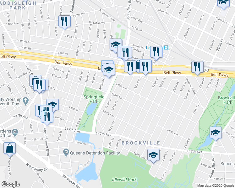 map of restaurants, bars, coffee shops, grocery stores, and more near 220-15 145th Road in Queens