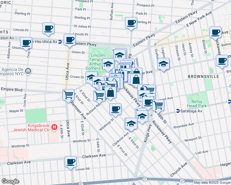 map of restaurants, bars, coffee shops, grocery stores, and more near 1062 Rutland Road in Brooklyn