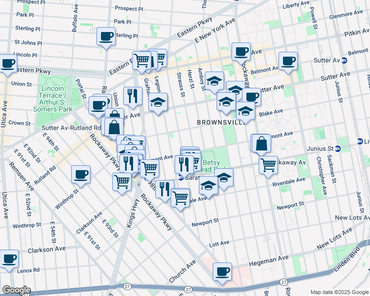 map of restaurants, bars, coffee shops, grocery stores, and more near 711 Saratoga Avenue in Brooklyn