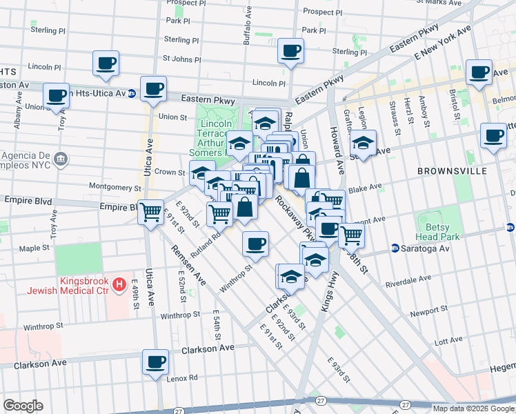 map of restaurants, bars, coffee shops, grocery stores, and more near 1062 Rutland Road in Brooklyn