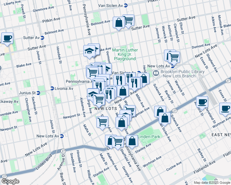 map of restaurants, bars, coffee shops, grocery stores, and more near Vermont Street & Riverdale Avenue in Brooklyn