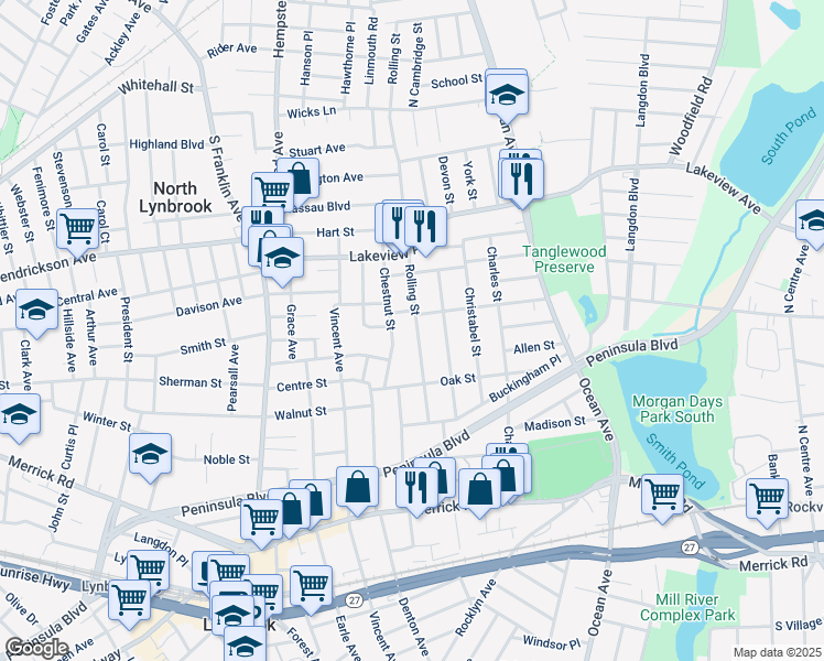 map of restaurants, bars, coffee shops, grocery stores, and more near 79 Rolling Street in Lynbrook