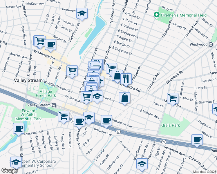 map of restaurants, bars, coffee shops, grocery stores, and more near 23 South Grove Street in Valley Stream