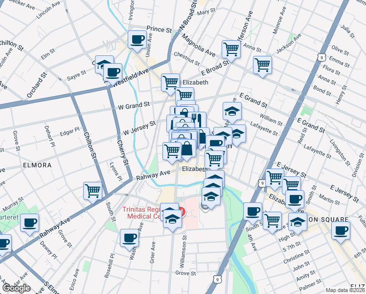 map of restaurants, bars, coffee shops, grocery stores, and more near 47 Broad Street in Elizabeth