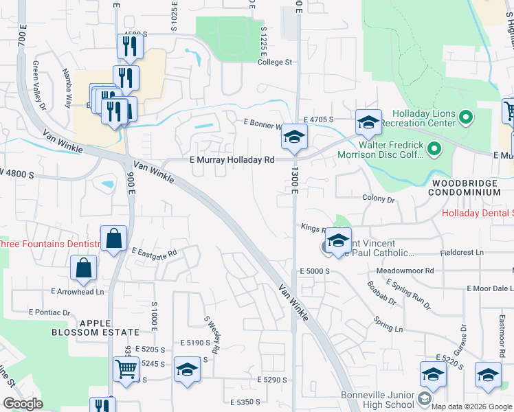 map of restaurants, bars, coffee shops, grocery stores, and more near 4852 South 1200 East in Salt Lake City