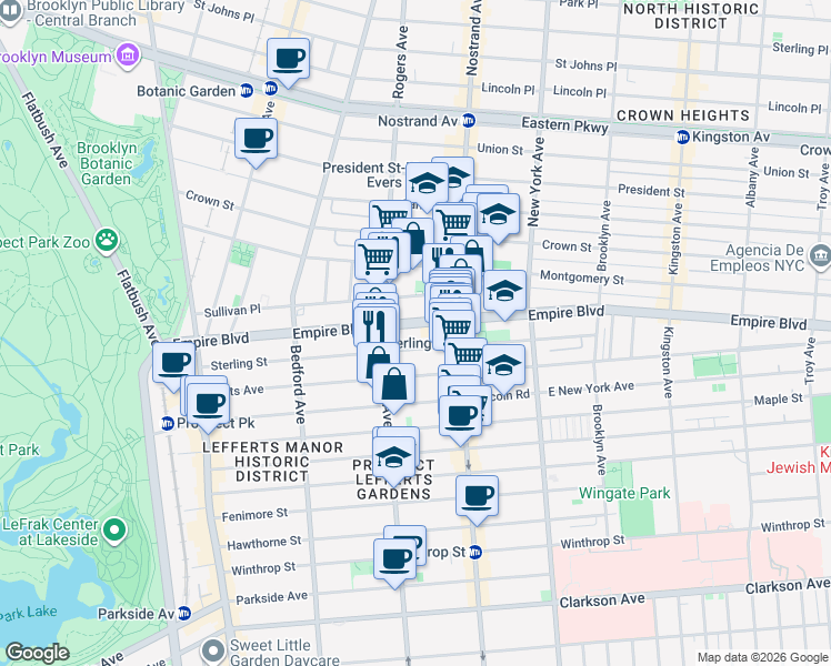map of restaurants, bars, coffee shops, grocery stores, and more near 290 Empire Boulevard in Brooklyn