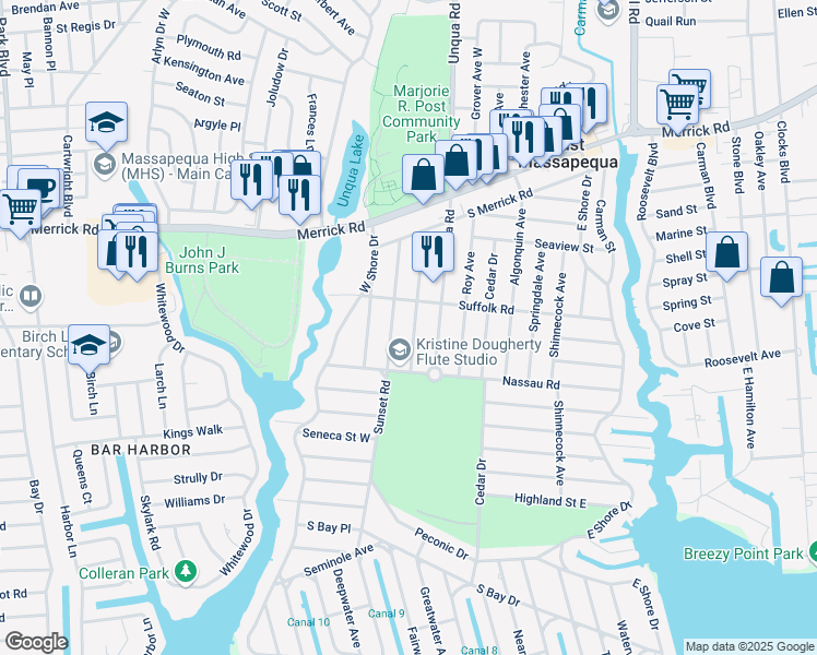 map of restaurants, bars, coffee shops, grocery stores, and more near 51 Hollywood Avenue in Massapequa