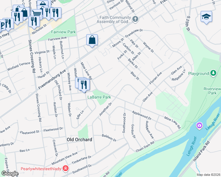 map of restaurants, bars, coffee shops, grocery stores, and more near 3360 Allen Street in Easton