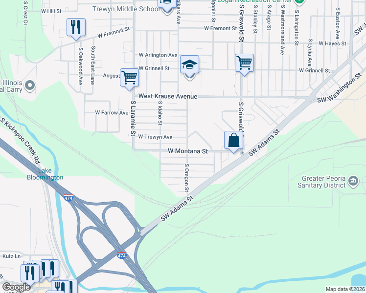 map of restaurants, bars, coffee shops, grocery stores, and more near 2811 West Montana Street in Peoria